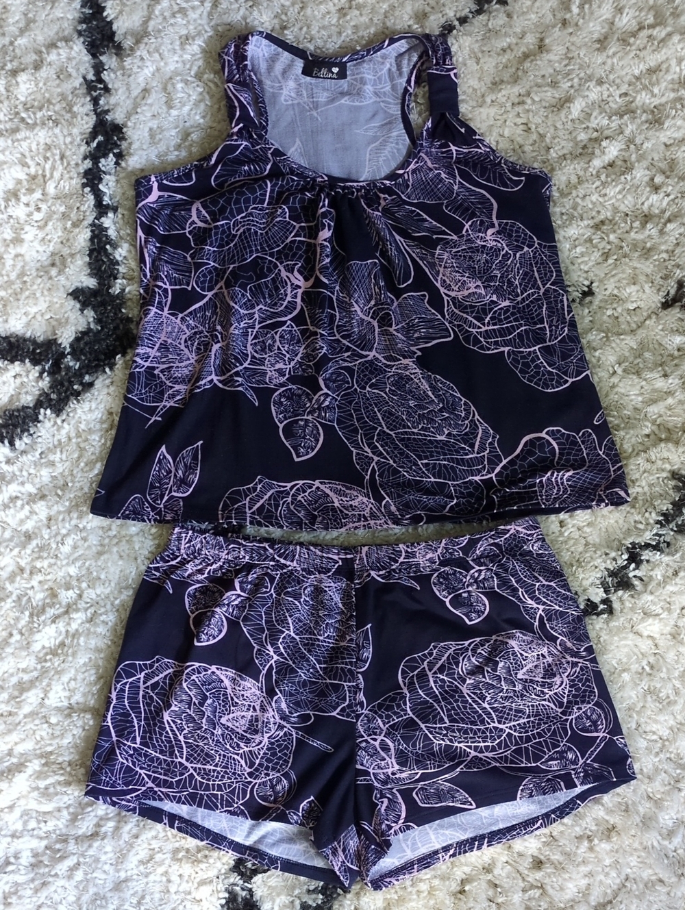 Bellina Racerback Tank & Shorts Pajama Set  Sz S Navy W/Pink Floral Print